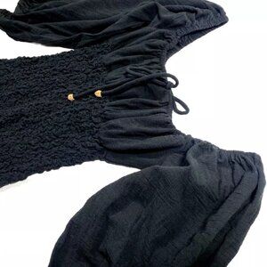 Free People Mini Dress Size XS Black Smocked Tight Fitted Short Puff Sleeves